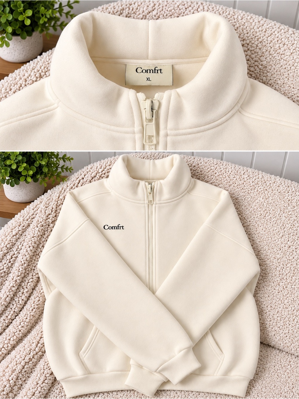 Comfort Zip-Up Bomber Jacket in Cream